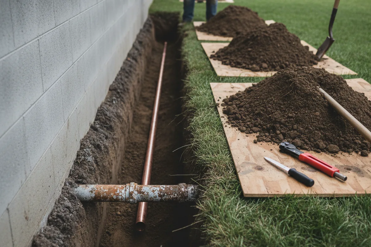 Excavated water line trench during Water Softener Installation in Seminole